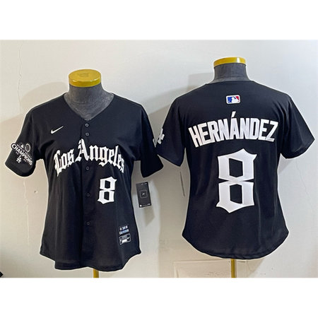 Women's Los Angeles Dodgers #8 Enrique Hernandez Black 2025 World Series Champions LA Gothic Edition Limited Stitched Baseball Jersey
