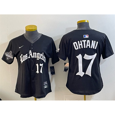 Women's Los Angeles Dodgers #17 Shohei Ohtani Black 2025 World Series Champions LA Gothic Edition Limited Stitched Baseball Jersey
