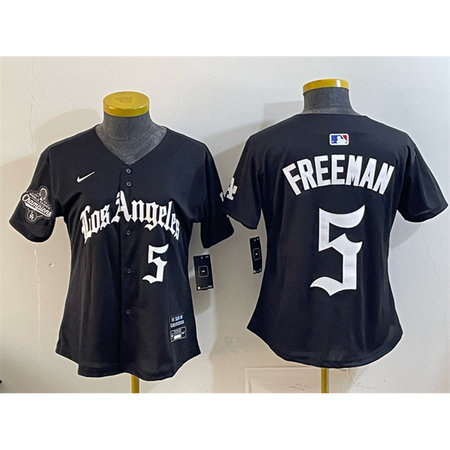 Women's Los Angeles Dodgers #5 Freddie Freeman Black 2025 World Series Champions LA Gothic Edition Limited Stitched Baseball Jersey