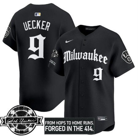 Youth Milwaukee Brewers #9 Bob Uecker Black Gothic Edition Bob Uecker Patch Vapor Premier Limited Stitched Baseball Jersey