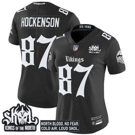 Women's Minnesota Vikings #87 T.J. Hockenson Black 2025 Kings of the North Patch "Gothic Norseblood Edition" Vapor Untouchable Limited Stitched Football Jersey