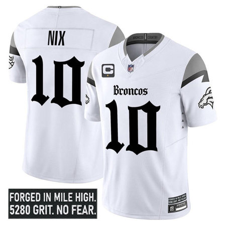 Youth Denver Broncos #10 Bo Nix White 2025 F.U.S.E. With 1-Star C Patch "Gothic Mile High Shadows Edition" Vapor Limited Stitched Football Jersey