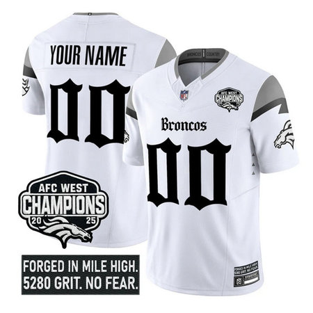Men's Denver Broncos White F.U.S.E 2025 Afc West Champions Patch "Gothic Mile High Shadows Edition" Vapor Limited Stitched Football Custom Jersey