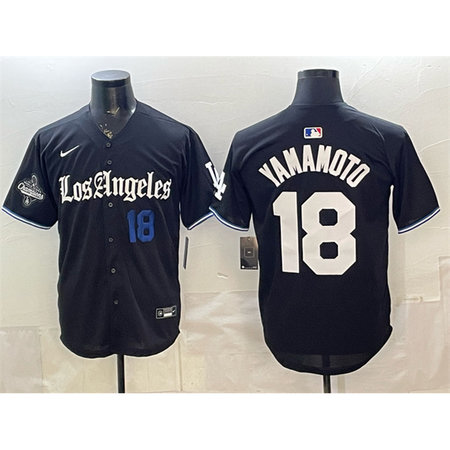 Men's Los Angeles Dodgers #18 Yoshinobu Yamamoto Black 2025 World Series Champions Patch "Gothic Edition" Vapor Premier Limited Stitched Baseball Jersey