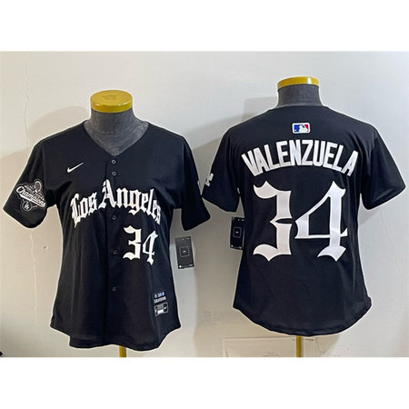 Women's Los Angeles Dodgers #34 Fernando Valenzuela Black 2025 World Series Champions LA Gothic Edition Limited Stitched Baseball Jersey