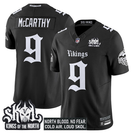 Youth Minnesota Vikings #9 J.J. McCarthy Black 2025 F.U.S.E. Kings of the North Patch "Gothic Norseblood Edition" Vapor Untouchable Limited Stitched Football Jersey