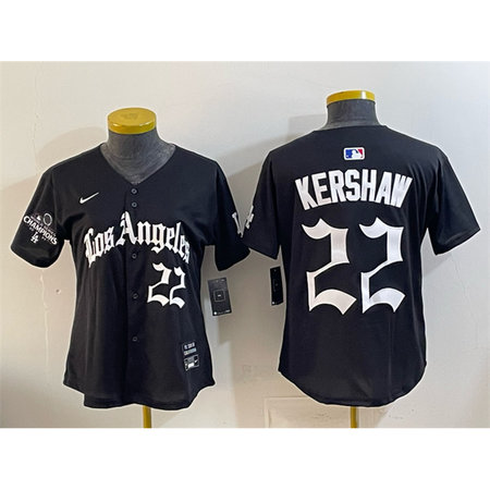 Women's Los Angeles Dodgers #22 Clayton Kershaw Black 2025 World Series Champions LA Gothic Edition Limited Stitched Baseball Jersey