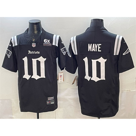 Youth New England Patriots #10 Drake Maye Black F.U.S.E. With 6x Super Bowl Champions Patch Gothic Revolution Edition Stitched Football Jersey