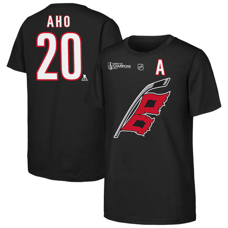Men's Carolina Hurricanes #20 Sebastian Aho Outerstuff Black 2026 Stanley Cup Champions Name & Number T-Shirt