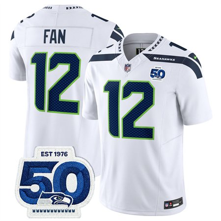 Men's Seattle Seahawks #12 Fan White 2025 F.U.S.E. 50th Anniversary Patch Vapor Untouchable Limited Stitched Football Jersey