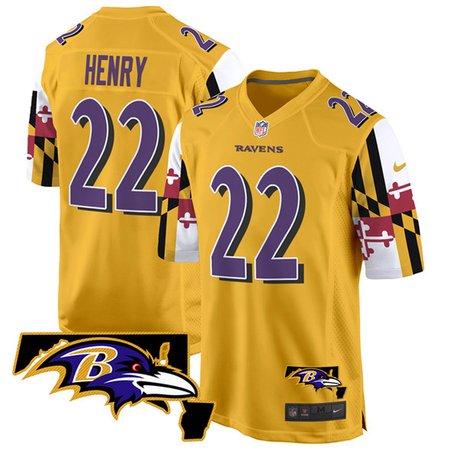 Youth Baltimore Ravens #22 Derrick Henry Gold 2025 Maryland Flag Vapor Limited Football Game Jersey
