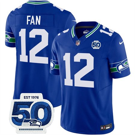 Men's Seattle Seahawks #12 Fan Royal 2025 F.U.S.E 50th Anniversary Patch Throwback Vapor Limited Stitched Football Jersey