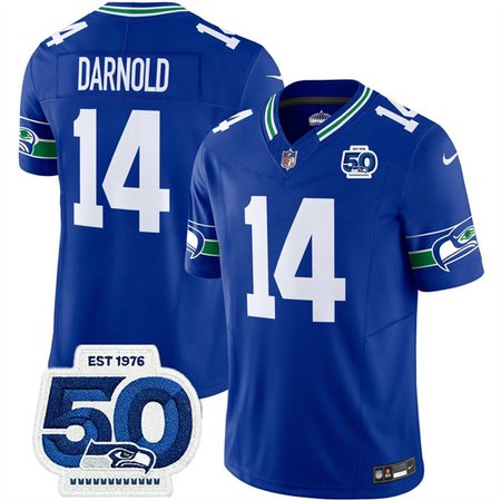 Men's Seattle Seahawks #14 Sam Darnold Royal 2025 F.U.S.E 50th Anniversary Patch Throwback Vapor Limited Stitched Football Jersey