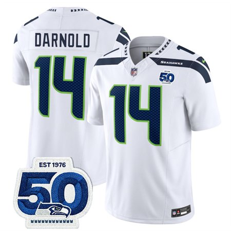 Men's Seattle Seahawks #14 Sam Darnold White 2025 F.U.S.E. 50th Anniversary Patch Vapor Untouchable Limited Stitched Football Jersey