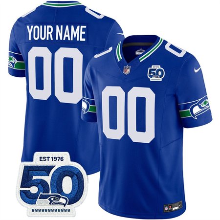 Youth Seattle Seahawks Active Player Custom Royal 2025 F.U.S.E 50th Anniversary Patch Throwback Vapor Limited Stitched Football Jersey