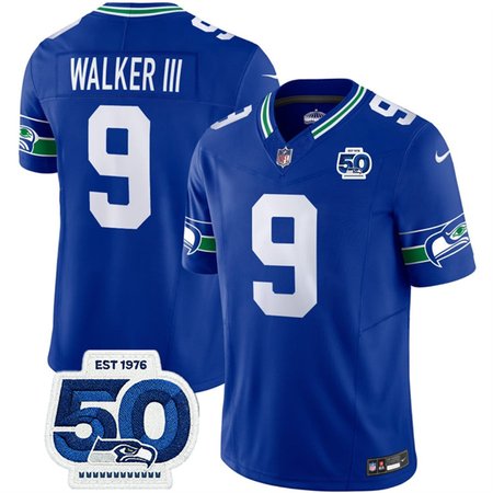 Youth Seattle Seahawks #9 Kenneth Walker III Royal 2025 F.U.S.E 50th Anniversary Patch Throwback Vapor Limited Stitched Football Jersey