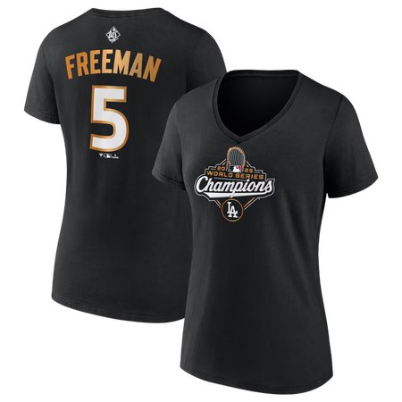 Women's Los Angeles Dodgers #5 Freddie Freeman Black 2025 World Series Champions Plus Size Name & Number T-Shirt