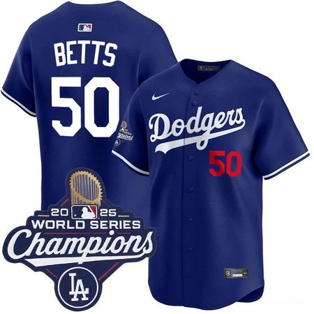 Youth Los Angeles Dodgers #50 Mookie Betts Nike Royal 2025 World Series Champions Home Limited Jersey