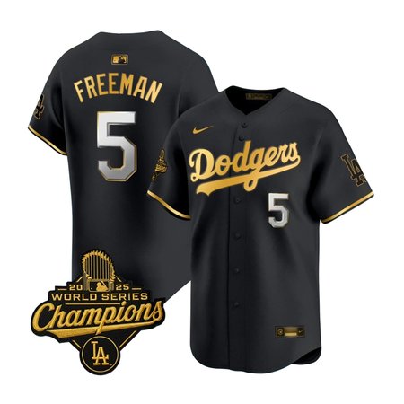 Men's Los Angeles Dodgers #5 Freddie Freeman Nike Black Golden 2025 World Series Champions Home Limited Jersey