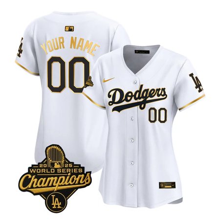 Women's Los Angeles Dodgers Custom Nike White Golden 2025 World Series Champions Home Limited Jersey