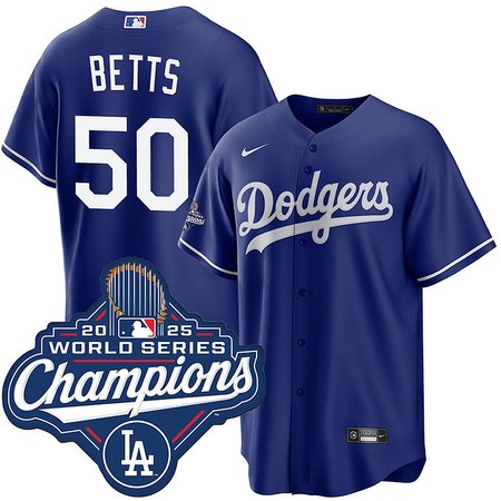 Youth Los Angeles Dodgers #50 Mookie Betts Nike Royal 2025 World Series Champions Home Replica Jersey