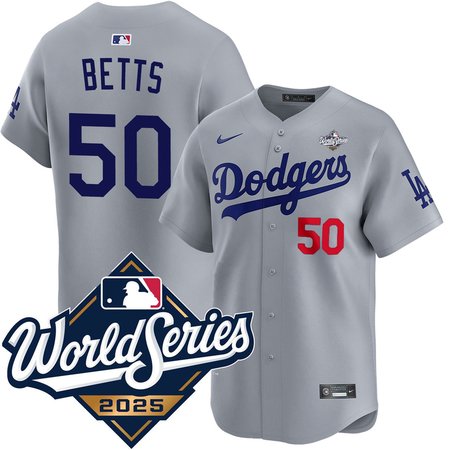 Youth Los Angeles Dodgers #50 Mookie Betts Nike Gray 2025 World Series Home Limited Jersey