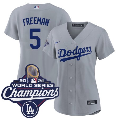 Women's Los Angeles Dodgers #5 Freddie Freeman Nike Gray 2025 World Series Champions Home Replica Jersey