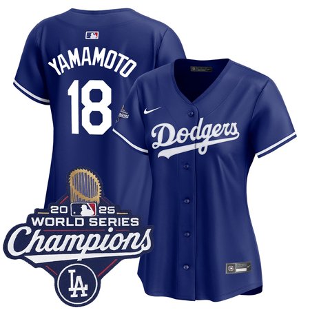 Women's Los Angeles Dodgers #18 Yoshinobu Yamamoto Nike Royal 2025 World Series Champions Home Replica Jersey
